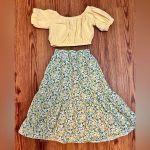 Yellow Floral Tiered Maxi Skirt with Yellow Crop Top